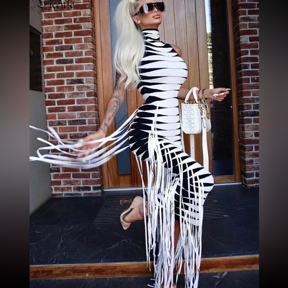 Elegant Fringe Tassels Sleeveless Turtleneck Knit Evening Dress - Picture 1 of 14